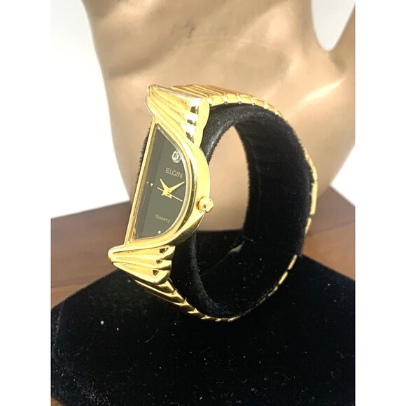 Elgin Women's Watch Vintage Half Moon Diamond Quartz Black Dial Gold Steel - Picture 2 of 14